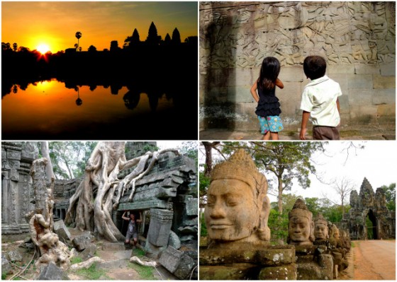 Angkor Wat at sunrise ~ Children admiring the sculptures at Bayon temple ~ Temple overtaken by the trees ~ Gods in front of the gate of Angkor Thom