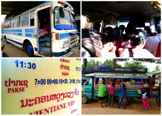 Sizing up the slow (school) bus before departure ~ 24 passengers in a minivan designed for 15 ~ Bus "schedules" in Laos, ha! ~ Street vendors swarming a sorngtaaou