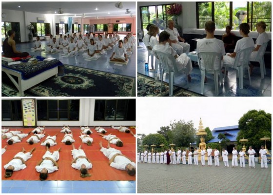 Large group meditation   Daily discussion with the monk    Practicing lie-down meditation   Lined up for the morning food offering  to the monk