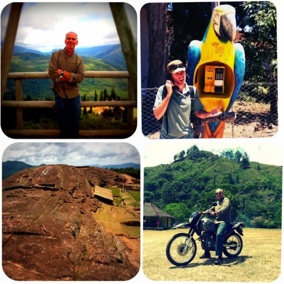 Scenes from Samaipata: Paul amid the peaks ~ Peter chatting on the parrot phone ~ El Fuerte archeological site ~ Easy rider Paul