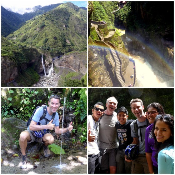 The Agoyán Falls off in the distance ~ Rainbows in The Devil's Cauldron ~ Peter wowed by a surprise waterfall not in the guidebooks ~ Our new friends we met at one of the lookout points