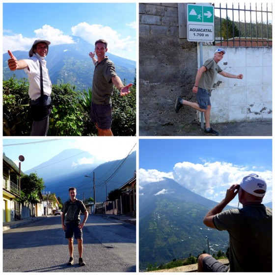 Rogelio and Peter showing off Tungurahua's peak ~ Paul imitating an evacuation route sign ~ Peter in Baños with Tungurahua volcano in the distance ~ Paul peeking at the peak