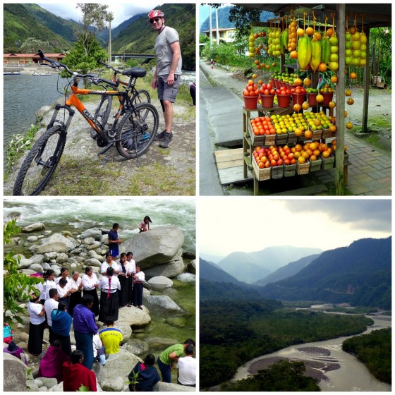 Our surprisingly sturdy Chinese bikes ~ Roadside fruit stands for a quick energy boost ~ Local women celebrating a riverside baptism ~ Views of the Pastaza River coming out of the Andes