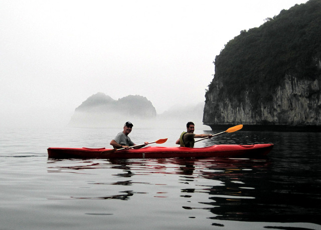 The two of us beginning our kayak tour in the misty Lan Ha bay