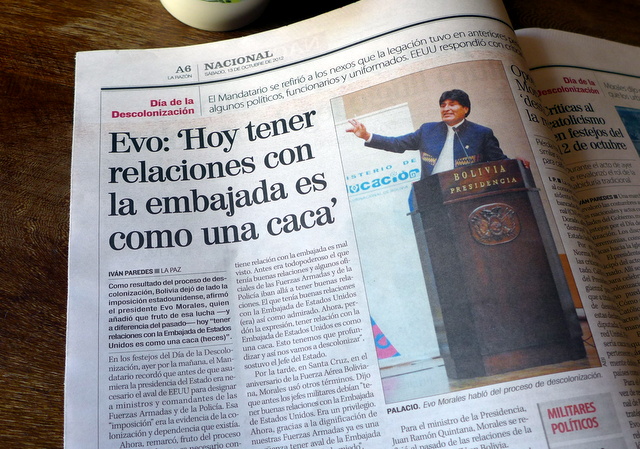 I spent mornings over coffee catching up on the news.  Here Bolivian President Evo Morales caused a minor diplomatic stir when he said having relations with the US was like "taking a crap"