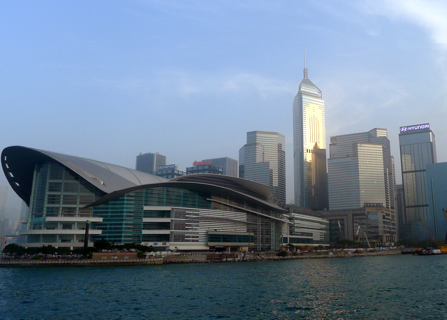 Hong Kong Island waterfront, note the \"seagull\"shaped building to the left
