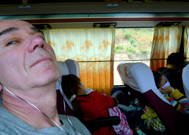 Paul not happy with the vomiting passengers on the Sick Bus as we swerved to-and-fro during the descent from the Central Highlands