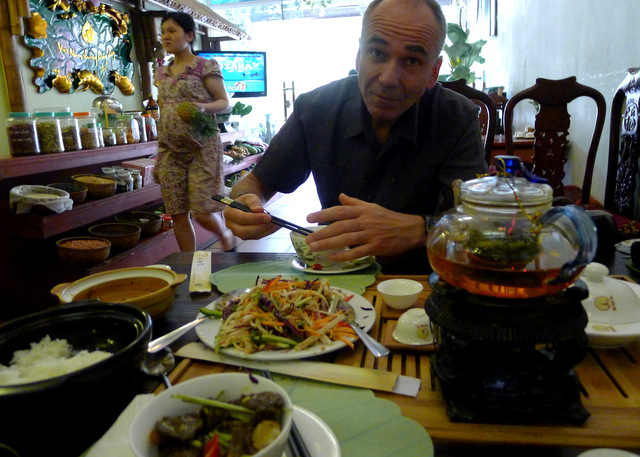 Paul enjoying the culinary delights of Hanoi, this was a vegetarian restaurant run by Buddhist monks