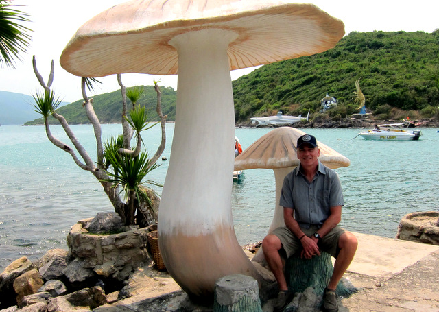 Paul enjoying the shade of a large concrete mushroom.  Vietnam is full of strange concrete sculptures.